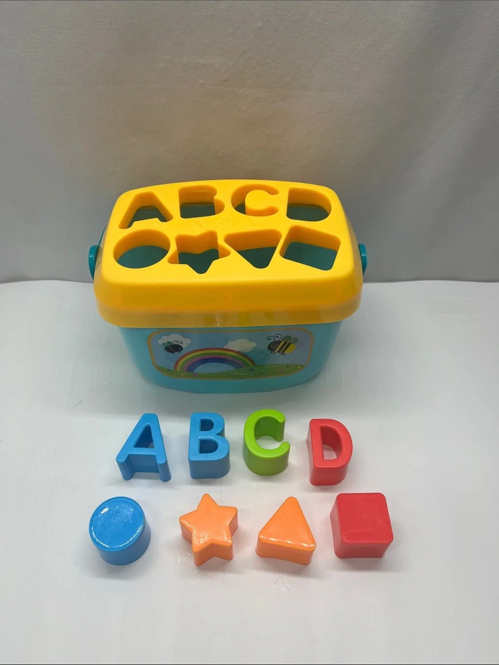 Colorful ABC Shape Sorter Bucket Toy - Blue, Yellow, Red, Green